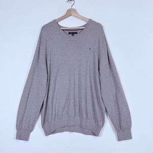 Tommy Hilfiger Grey Flag Logo V-Neck Pullover‎ Tight Knit Sweater Men's XXL